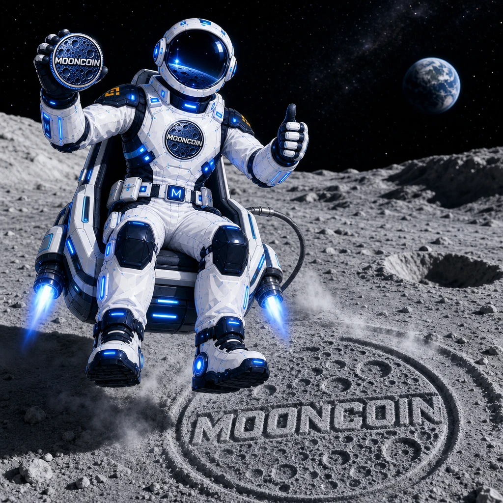 Mooncoin astronaut flying over the Moon surface holding Mooncoin and giving a thumbs up.
