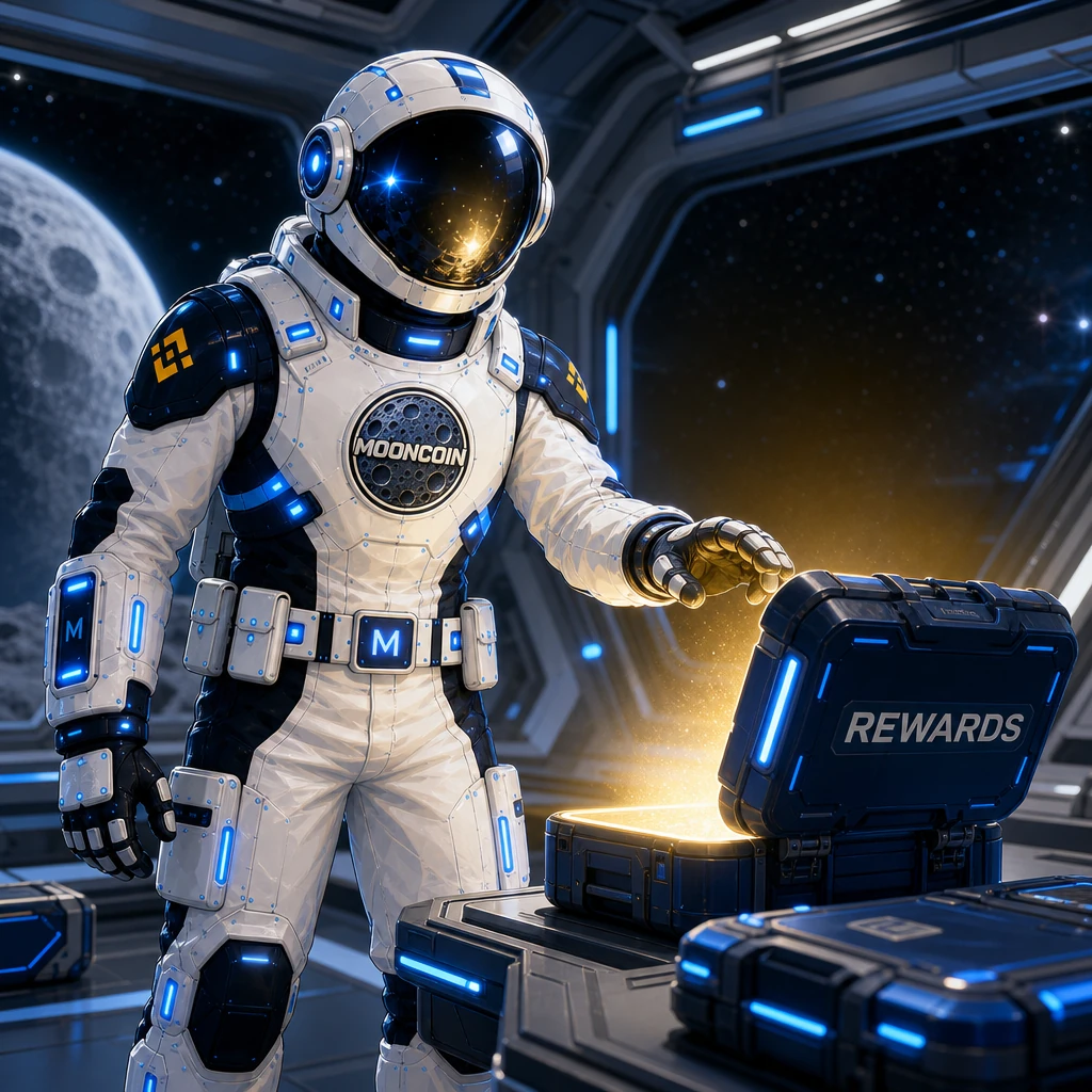 Mooncoin astronaut opening a glowing rewards case.