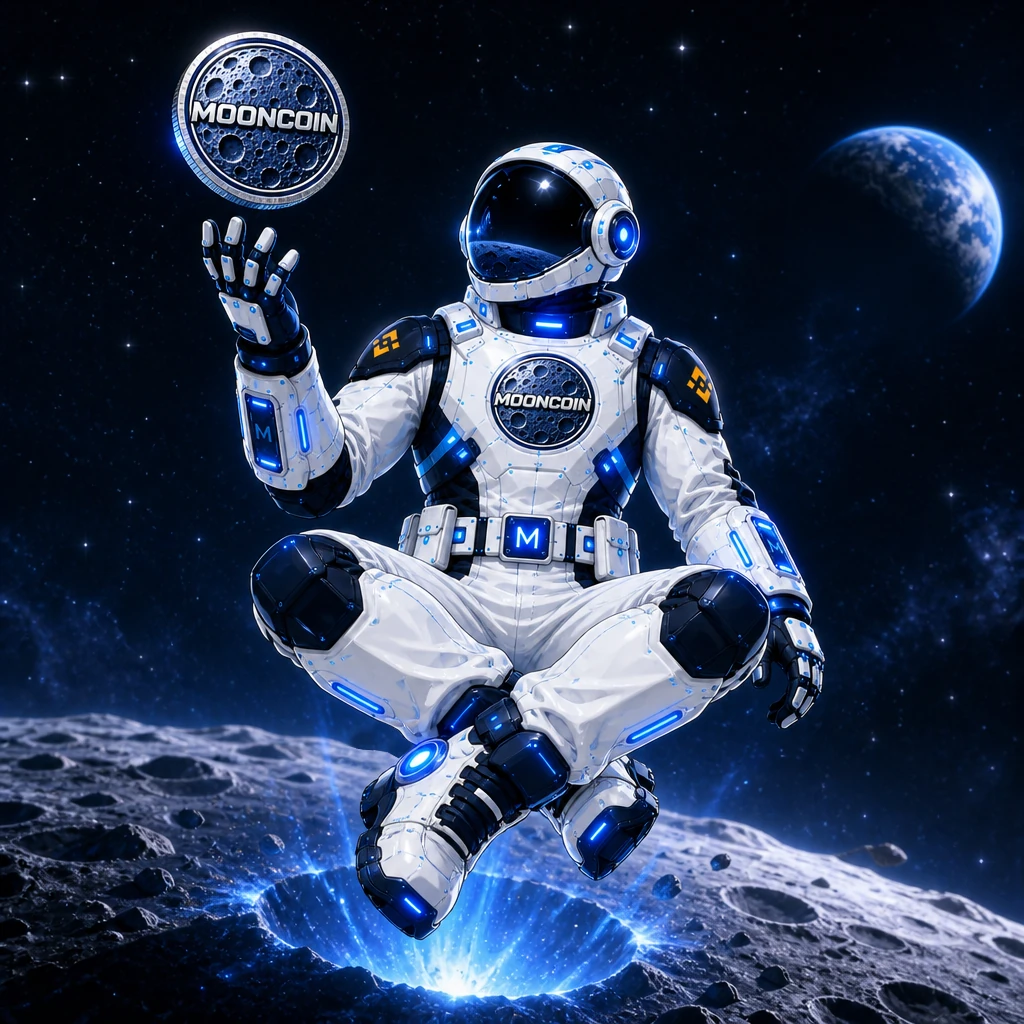 Mooncoin astronaut floating over the Moon with a Mooncoin token.